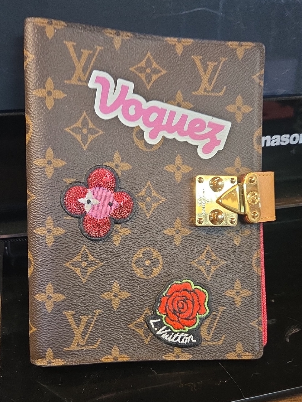 Louis Vuitton Brown Monogram Notebook Cover with Pink & Red Patches